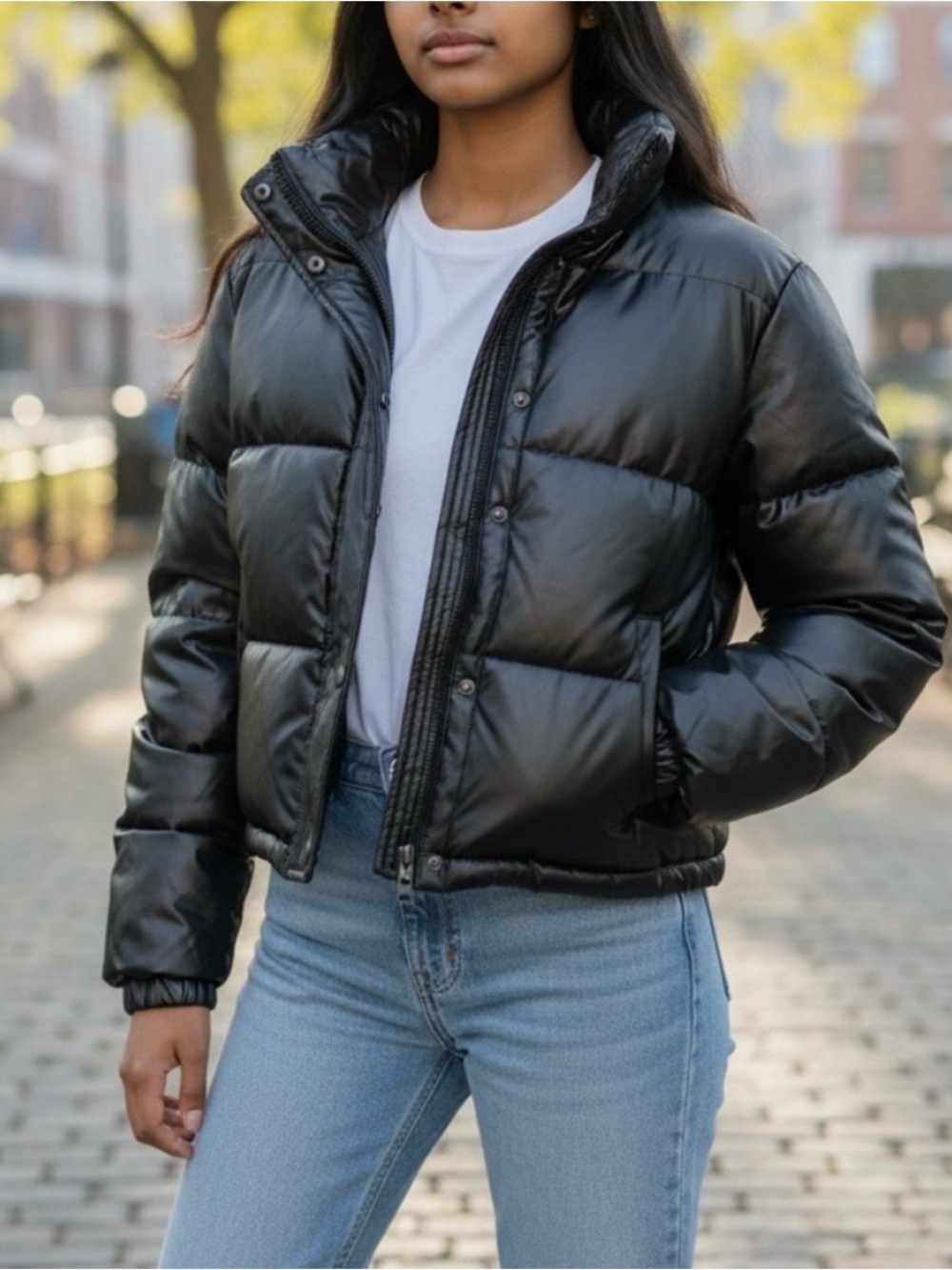 PUFFER JACKET LARGE JUNIORS C&C CALIFORNIA SHINY BLACK FAUX LEATHER NWT